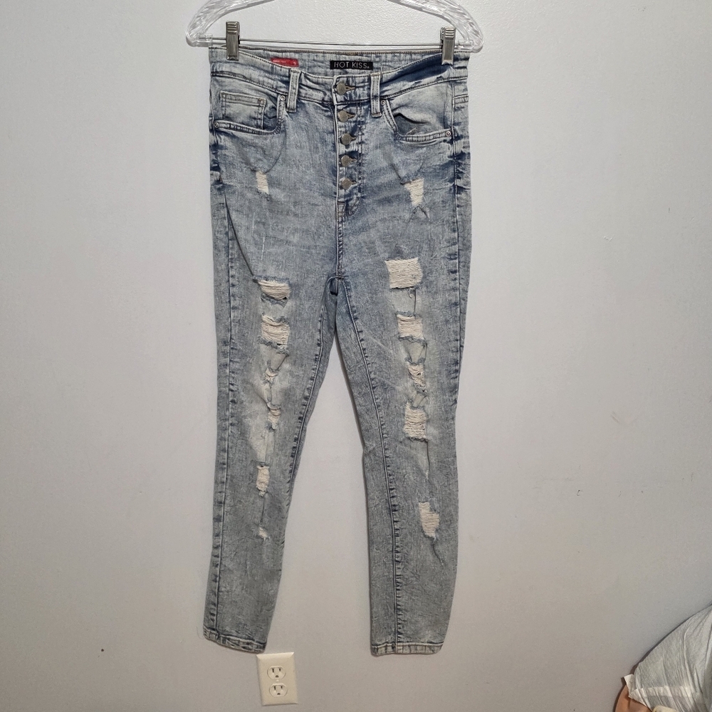 Y2K Hot Kiss Highest Rise Skinny Jean Light Wash Distressed - Size 9